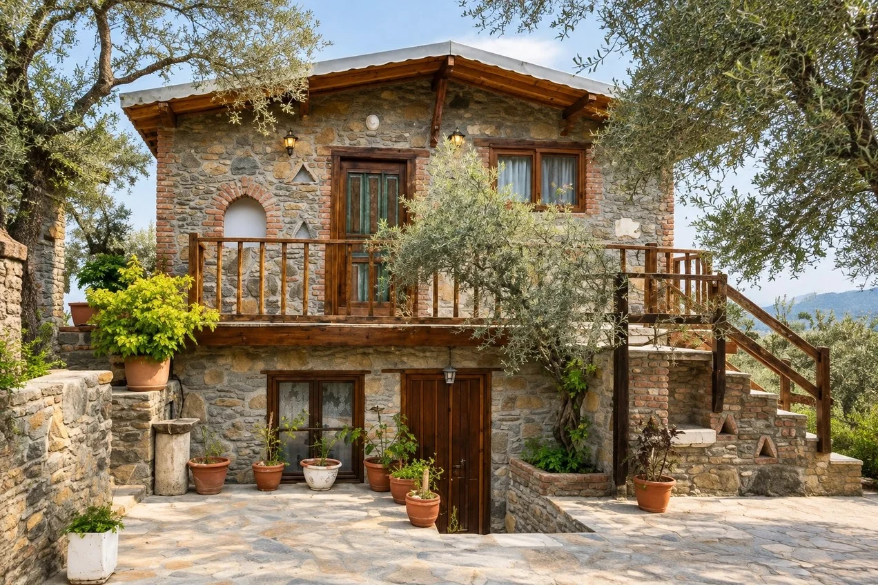 Zeytin ağaçları arasında taş cepheli, ahşap balkonlu bir Dağ Evi