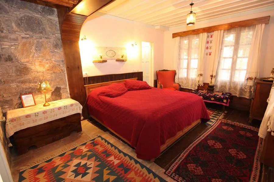 Defne Room's wooden ceiling, red bedspread and window area
