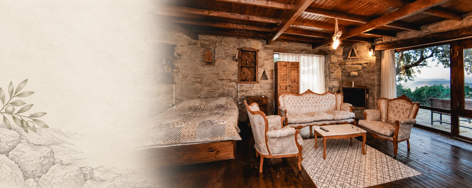 Representative cover created with a Kayalı House photograph, stone texture and an olive-branch illustration