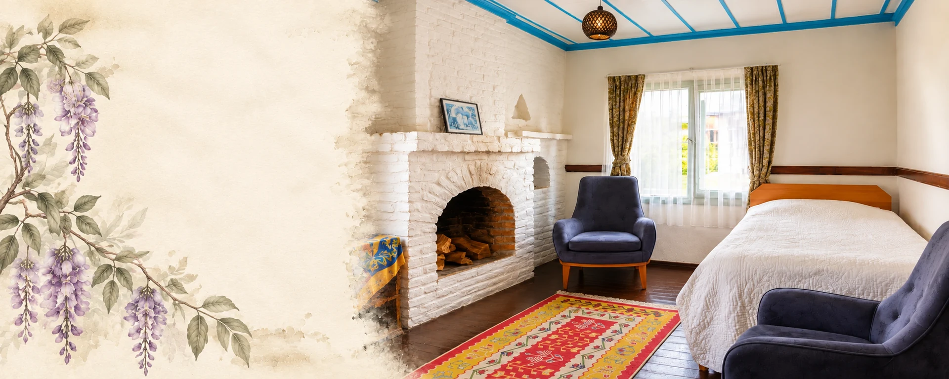 Cover created with Morsalkım House's actual room photograph and a decorative wisteria illustration