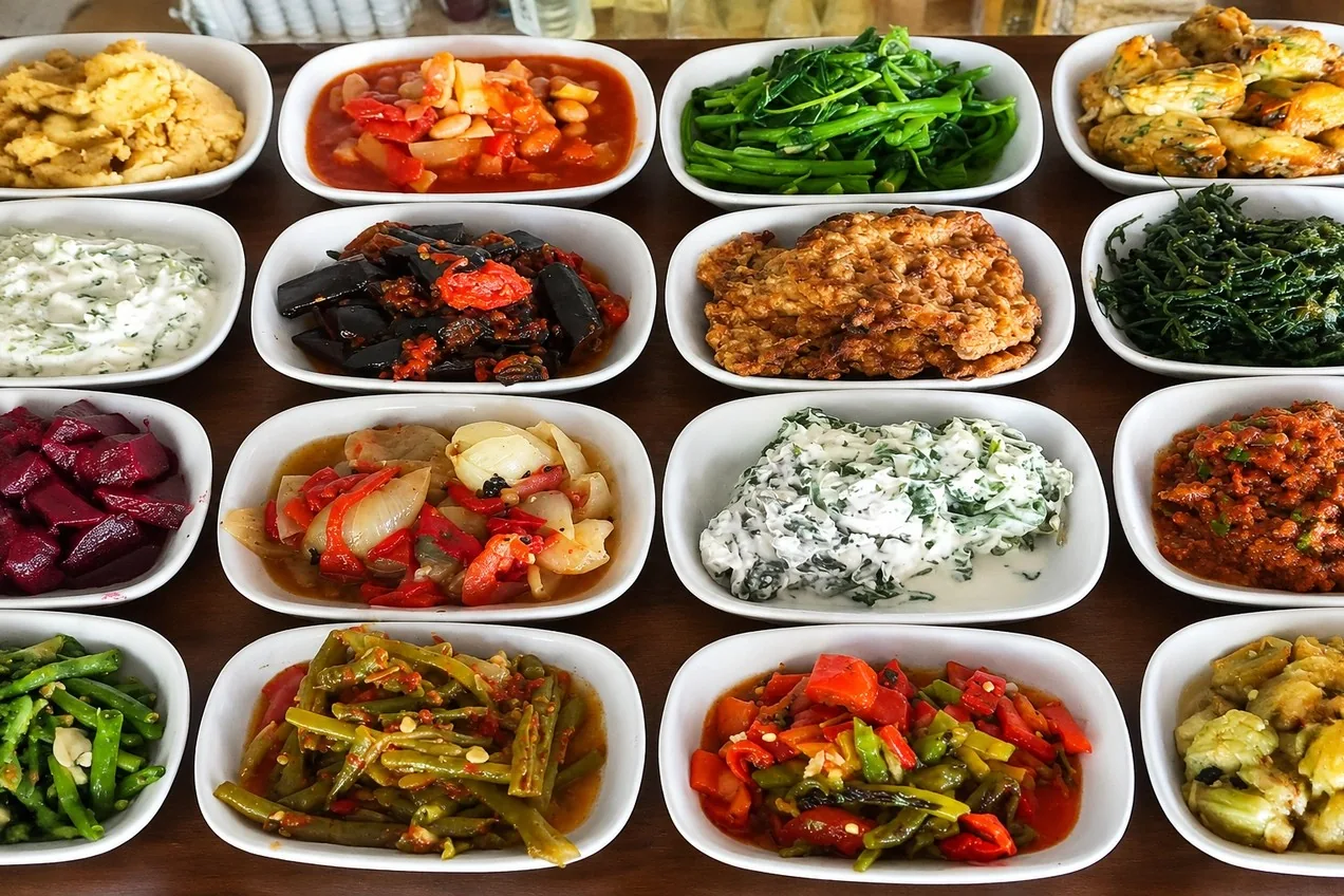 Restoran fotoğrafındaki farklı meze tabakları