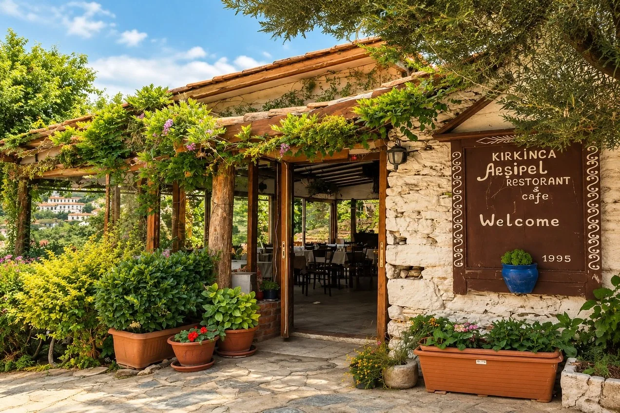 Kırkınca Restaurant'ın ahşap tabelalı girişi