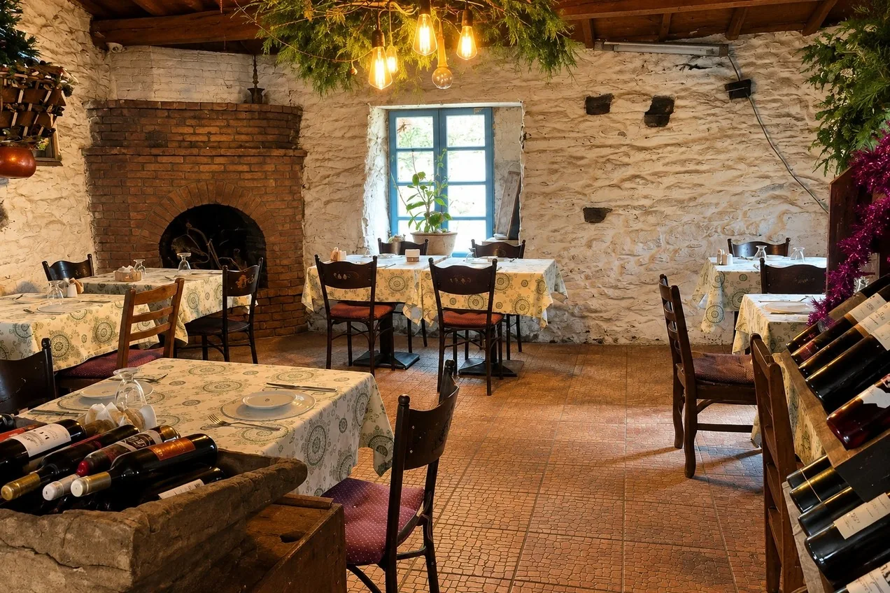 Restoranın şömineli iç salonu
