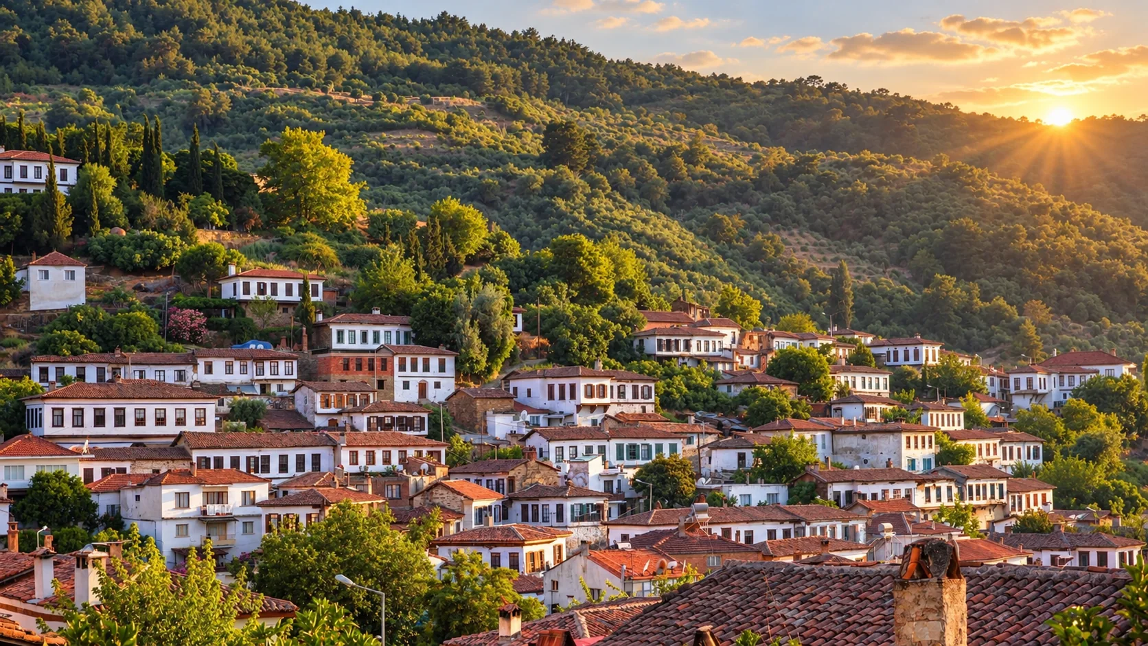 Şirince köyünün gerçek yamaç ve evlerinin panoramik görünümü