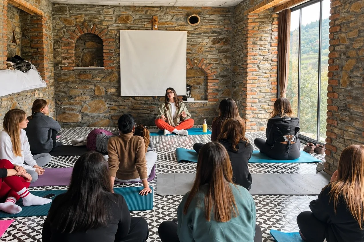 Kırkınca'nın taş duvarlı salonunda yoga yapan grup